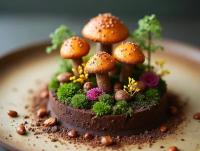 Artistic Chocolate Forest Dessert With Mushroom Decorations