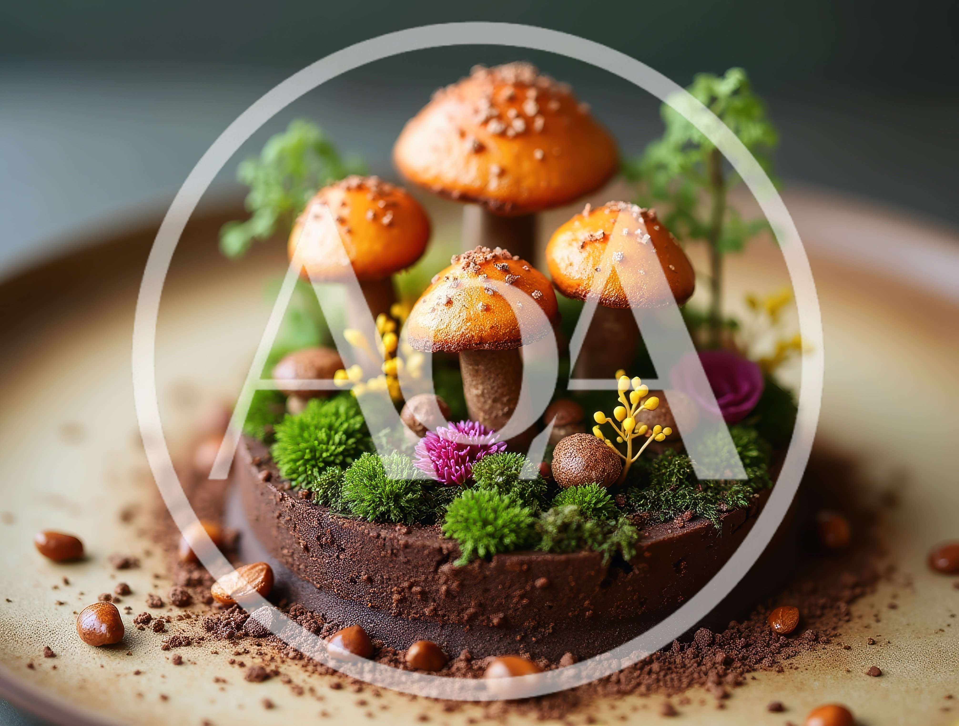 Artistic Chocolate Forest Dessert With Mushroom Decorations