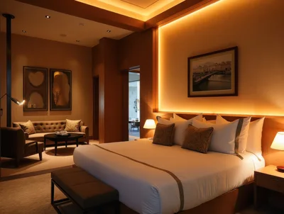 Luxury Hotel Suite Bedroom With Warm Ambient Lighting