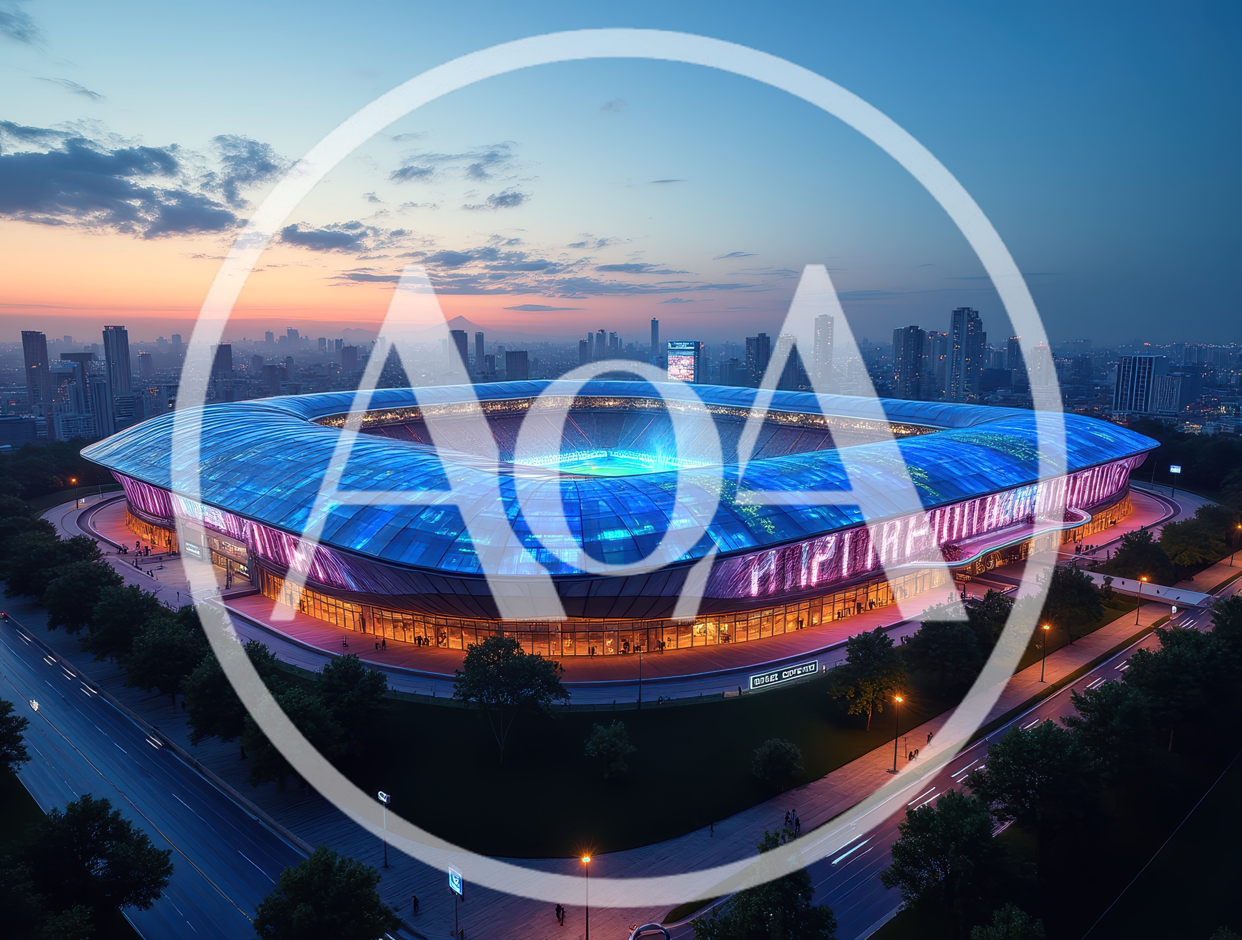 Modern Illuminated Stadium At Twilight In Cityscape