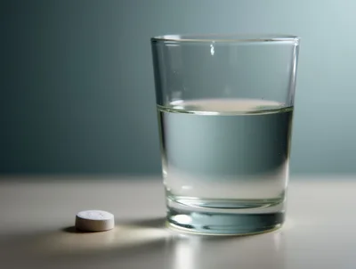 White Pill Beside A Glass Of Water