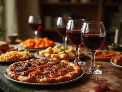 Gourmet Pizza Dinner With Red Wine Glasses