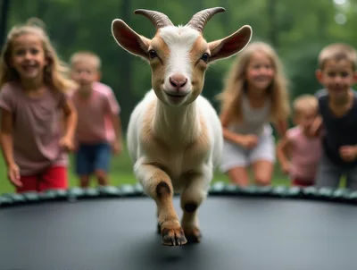 Cute Baby Goat Jumping On A Backyard Trampoline