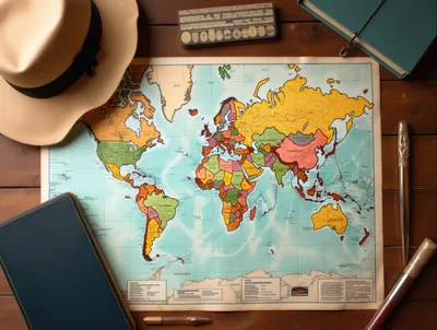 Vintage World Map With Travel Accessories On Wooden Table