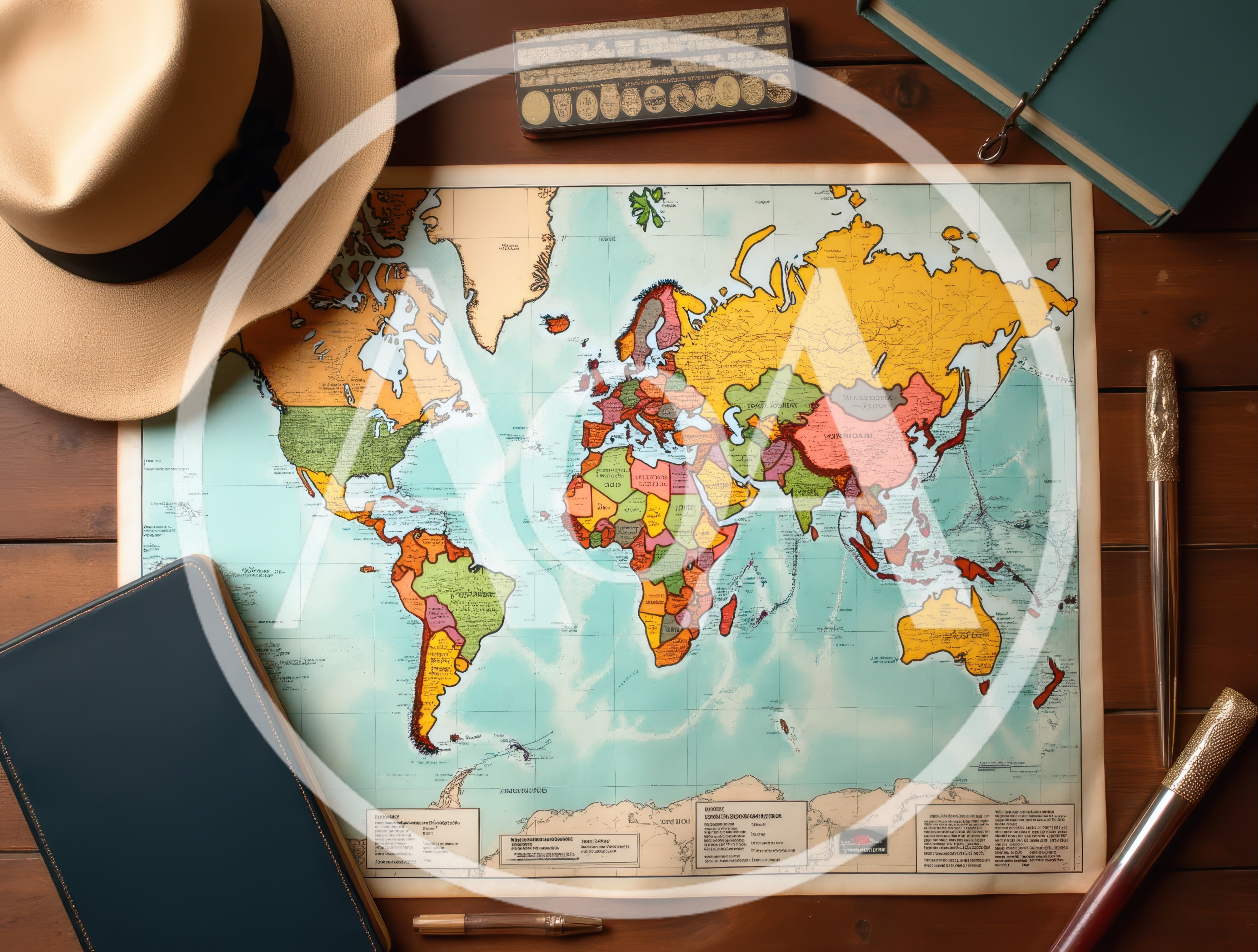 Vintage World Map With Travel Accessories On Wooden Table
