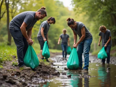 Volunteers Cleaning Up Litter In A Forest Stream