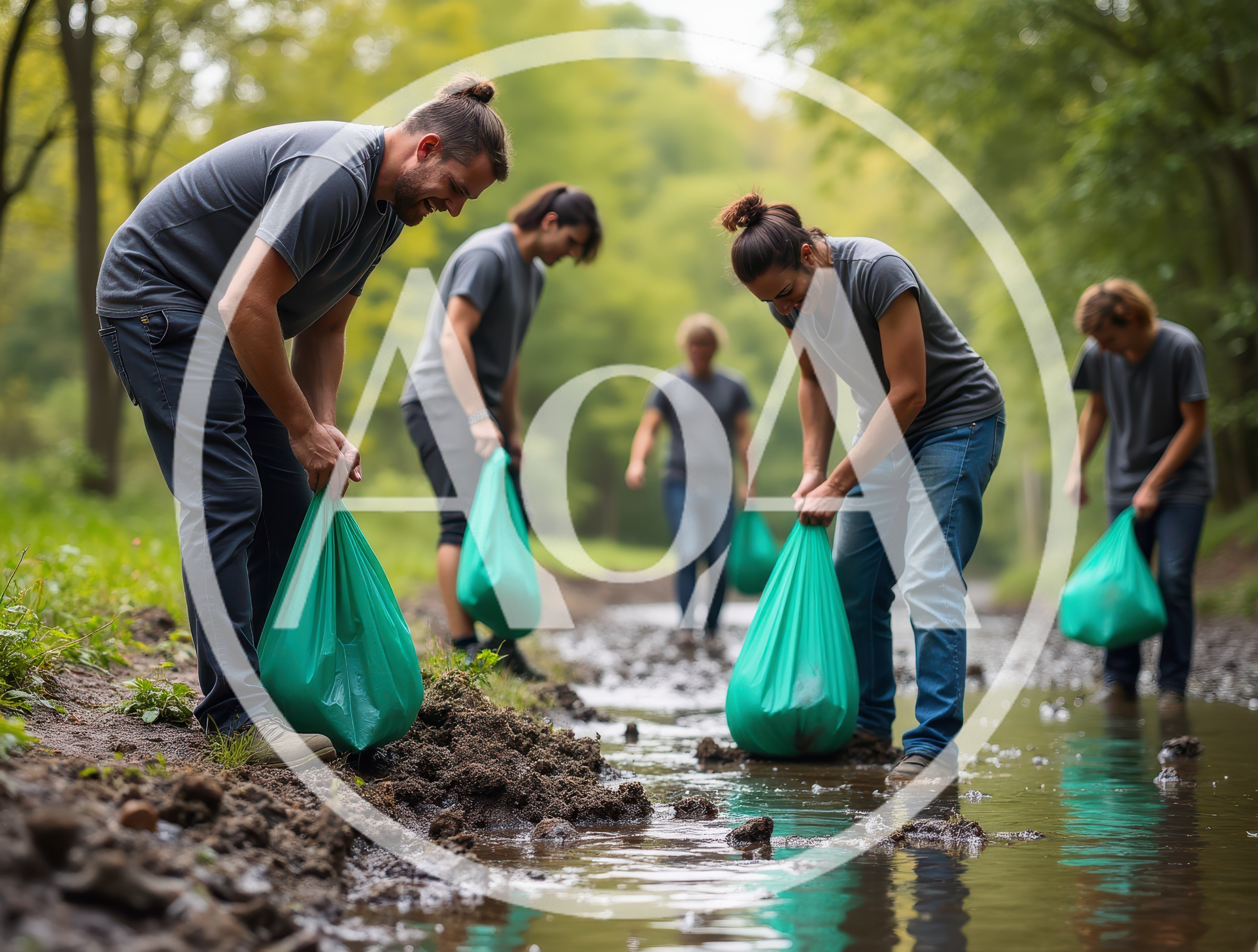 Volunteers Cleaning Up Litter In A Forest Stream
