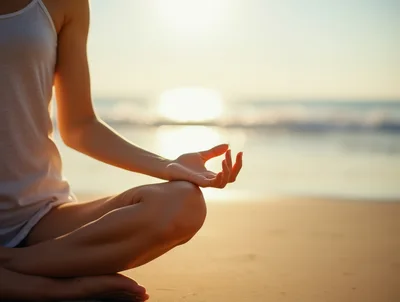 Woman Meditating In Lotus Position On Sandy Beach