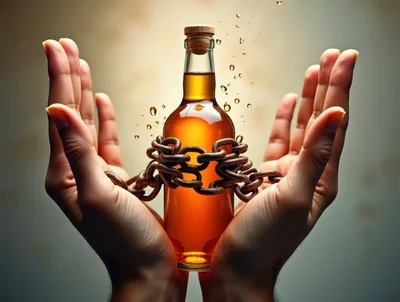 Hands Holding A Chain Wrapped Alcohol Bottle