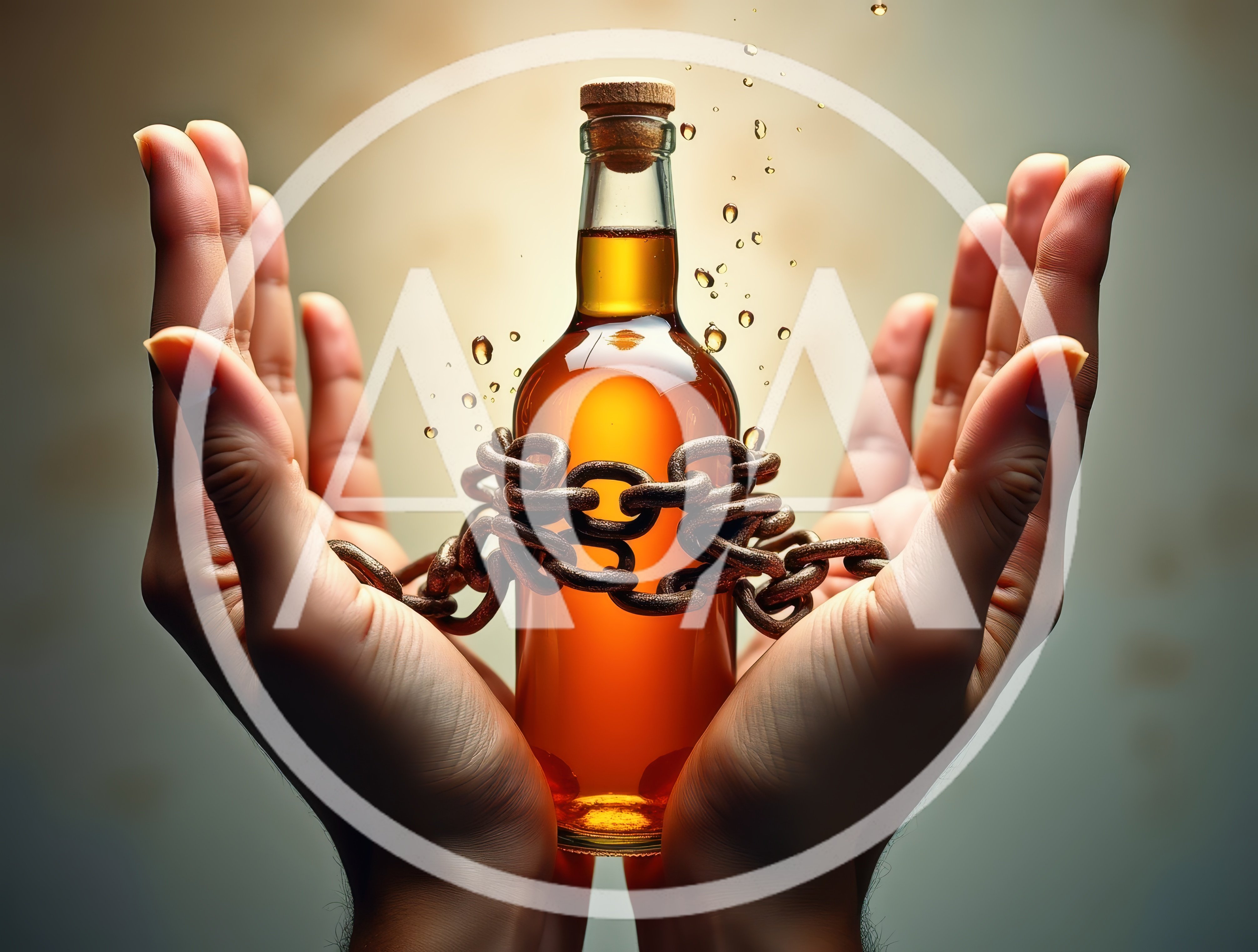Hands Holding A Chain Wrapped Alcohol Bottle