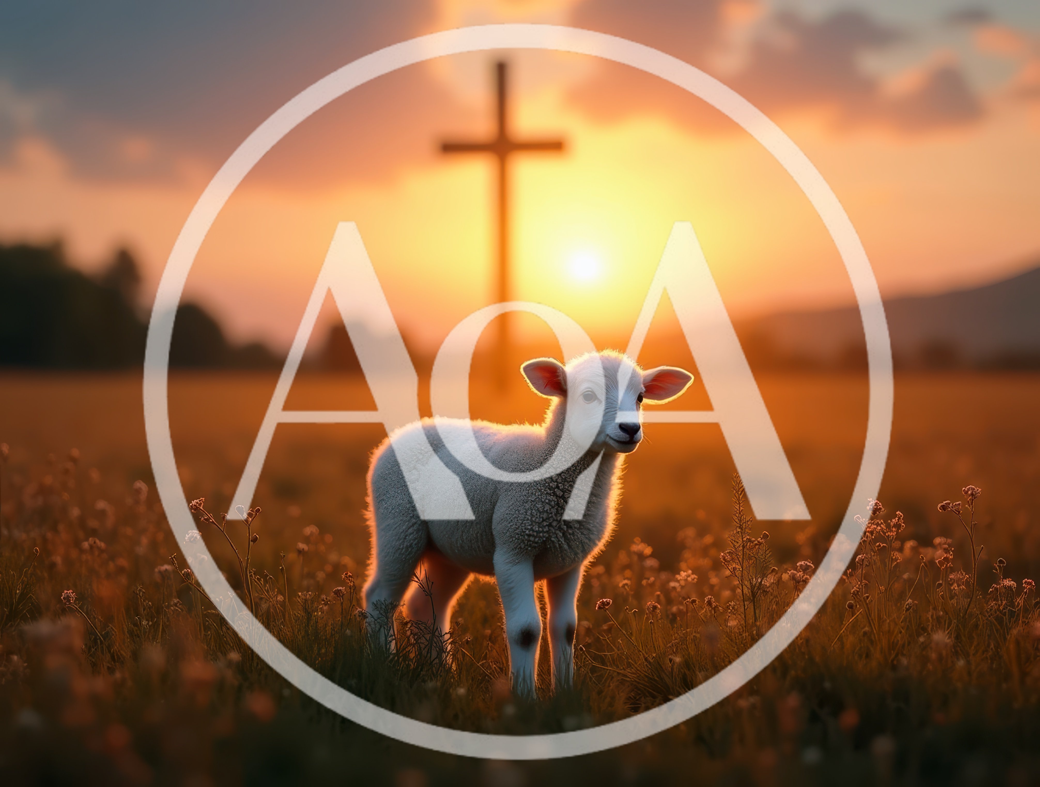 White Lamb Standing in Field Before Cross at Sunset