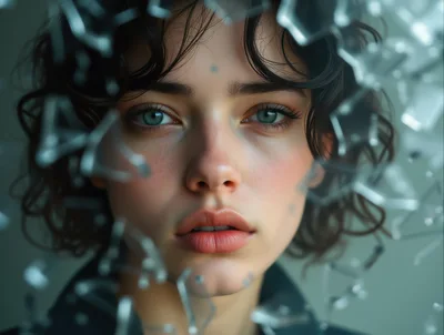 Portrait Of A Young Woman Behind Shattered Glass