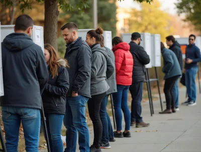 People Waiting In Line At Outdoor Voting Stations