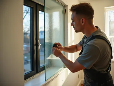 Professional Glazier Installing Frosted Glass Window Pane
