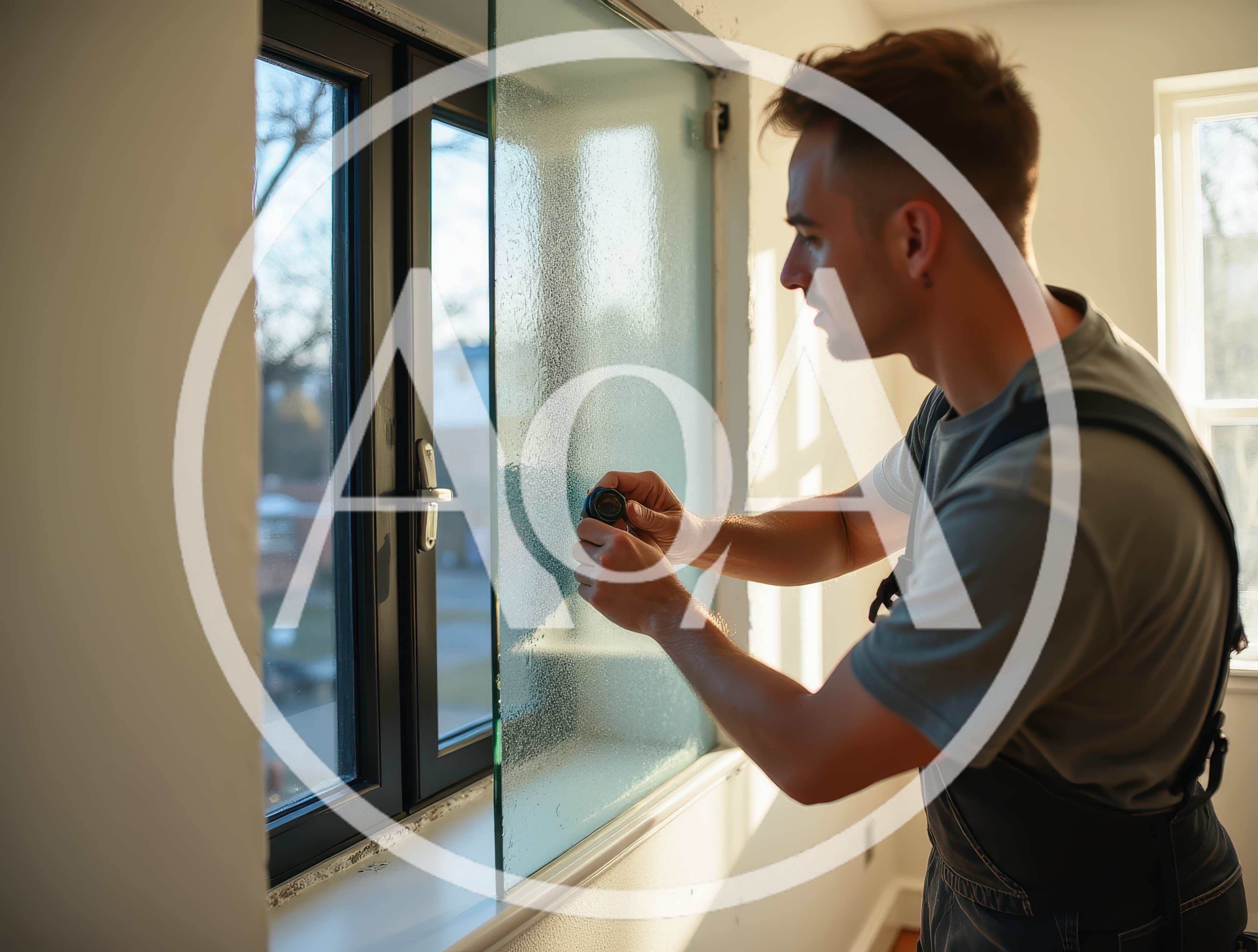 Professional Glazier Installing Frosted Glass Window Pane