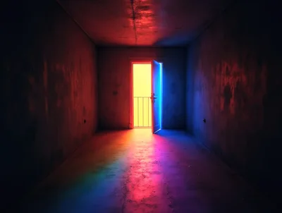 Open Doorway With Vibrant Neon Light In Dark Hallway