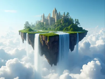 Fantasy Floating Island With Castle And Waterfalls
