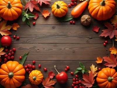 Autumn Harvest Pumpkins And Leaves On Wooden Background