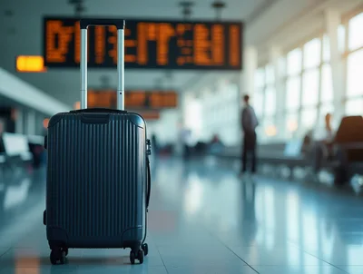Grey Suitcase Standing In An Airport Terminal