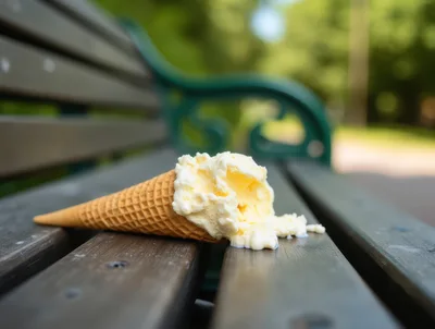 Dropped Vanilla Ice Cream Cone On Park Bench