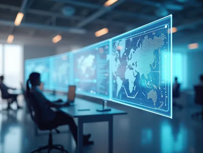 Cybersecurity Analysts Monitoring Global Data on Digital Screens