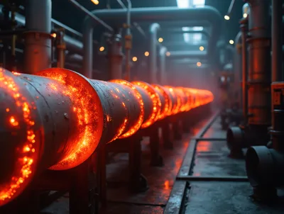 Glowing Industrial Pipe In A Manufacturing Facility