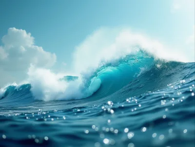 Powerful Blue Ocean Wave Breaking In Sunlight