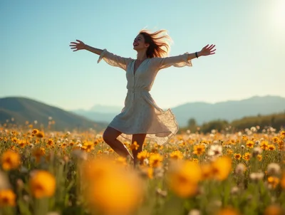 Happy Woman Dancing In A Sunny Wildflower Meadow