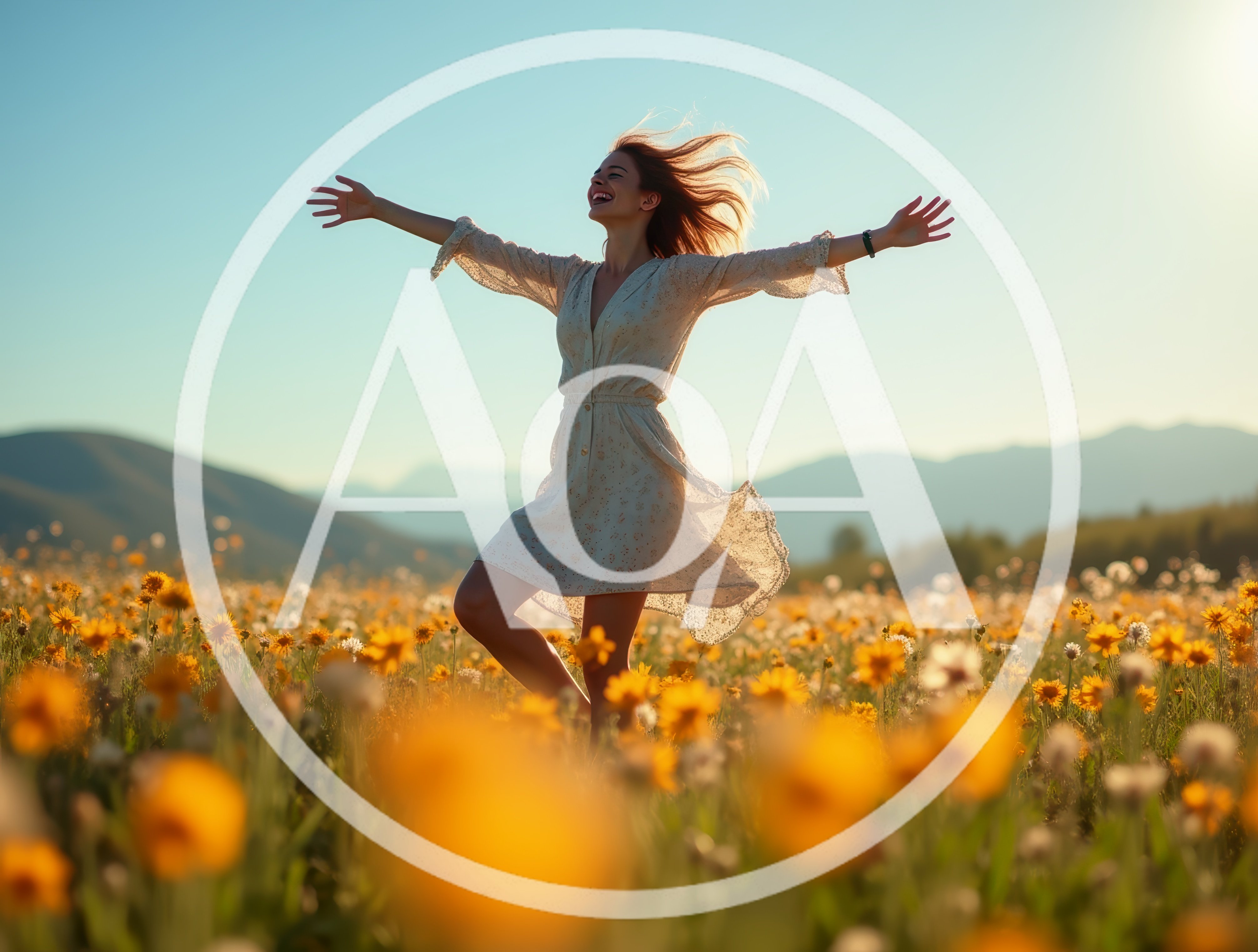Happy Woman Dancing In A Sunny Wildflower Meadow