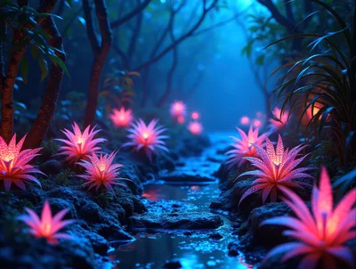 Glowing Pink Exotic Plants In A Mystical Forest
