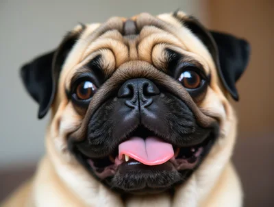 Close Up Portrait Of A Happy Pug Dog