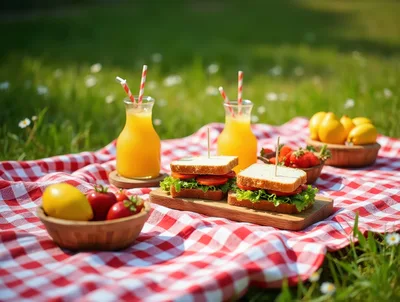 Picnic Setup With Sandwiches And Orange Juice