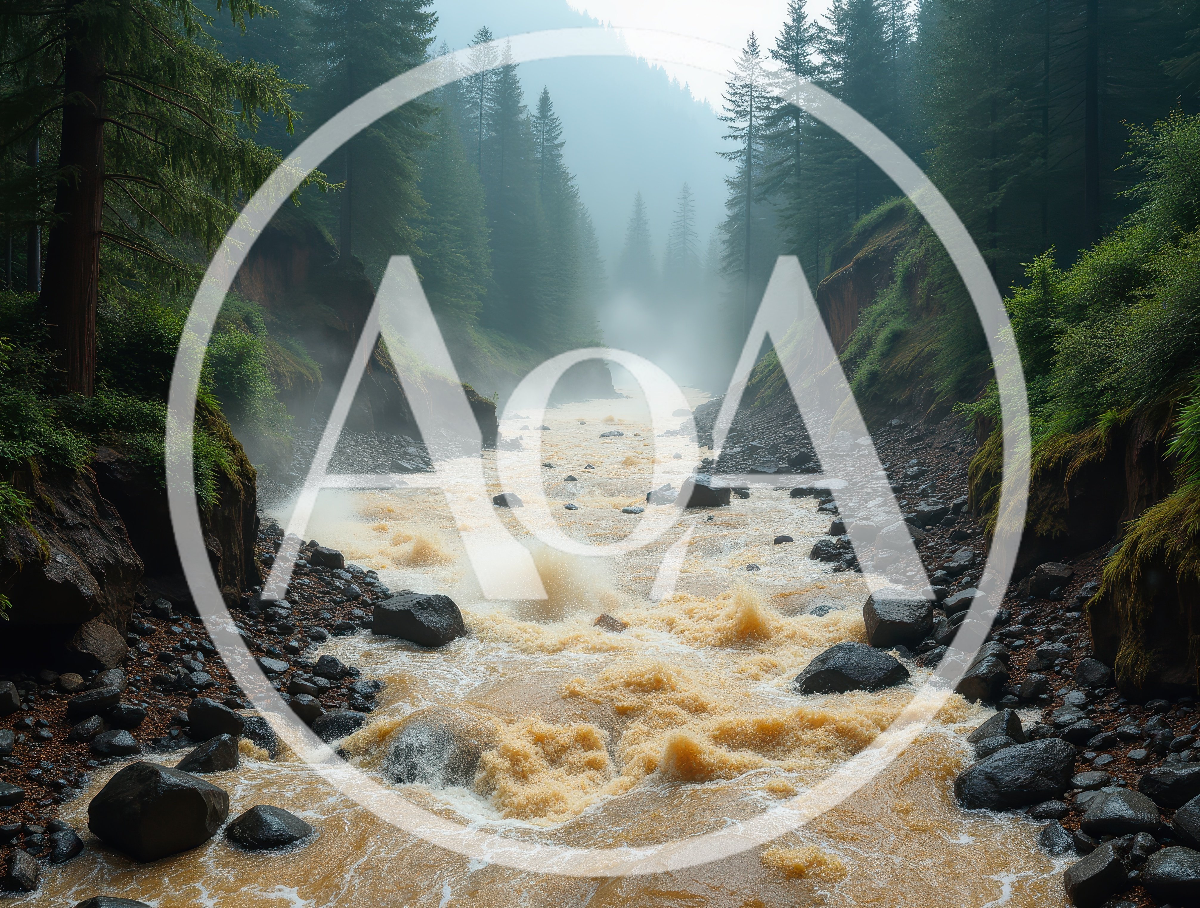 Turbulent Muddy River Flowing Through Misty Forest Canyon