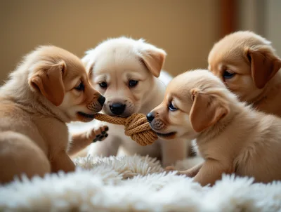 Four Golden Retriever Puppies Playing With A Rope Toy