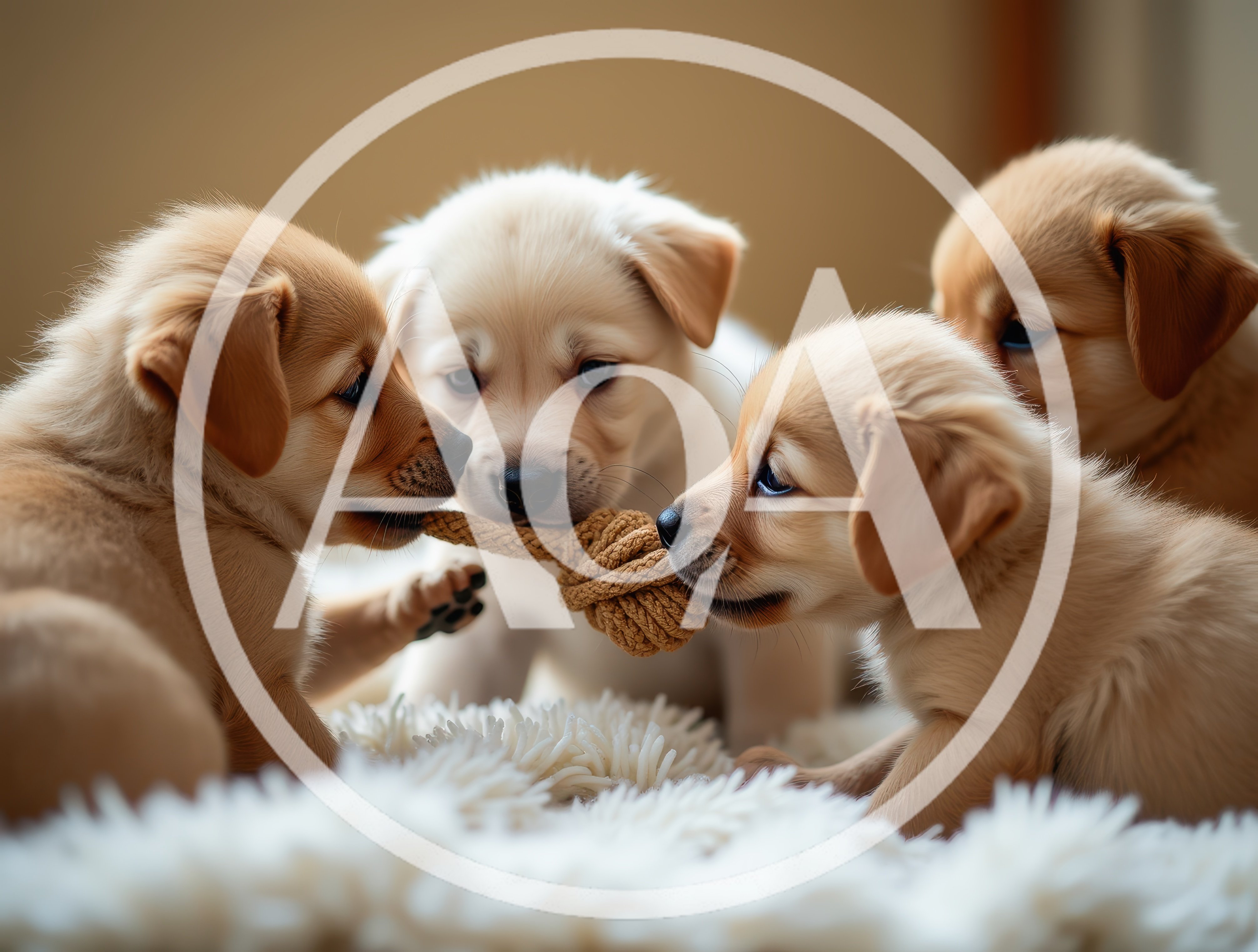 Four Golden Retriever Puppies Playing With A Rope Toy