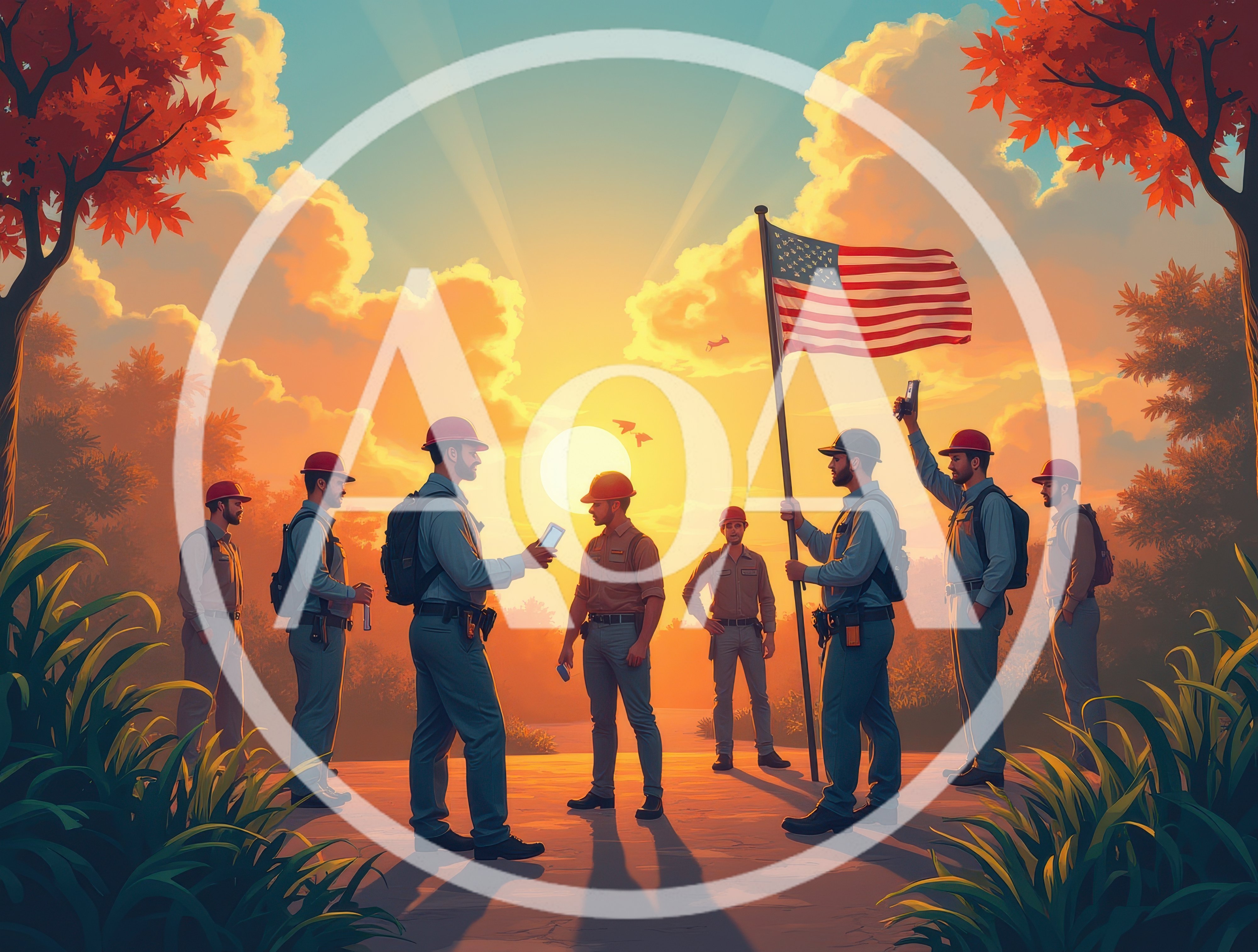 Group of Construction Workers Holding American Flag at Sunset