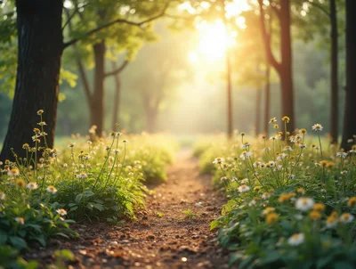 Sunlit Forest Path With Wildflowers