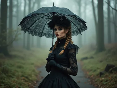Gothic Woman Holding Lace Umbrella in Misty Forest
