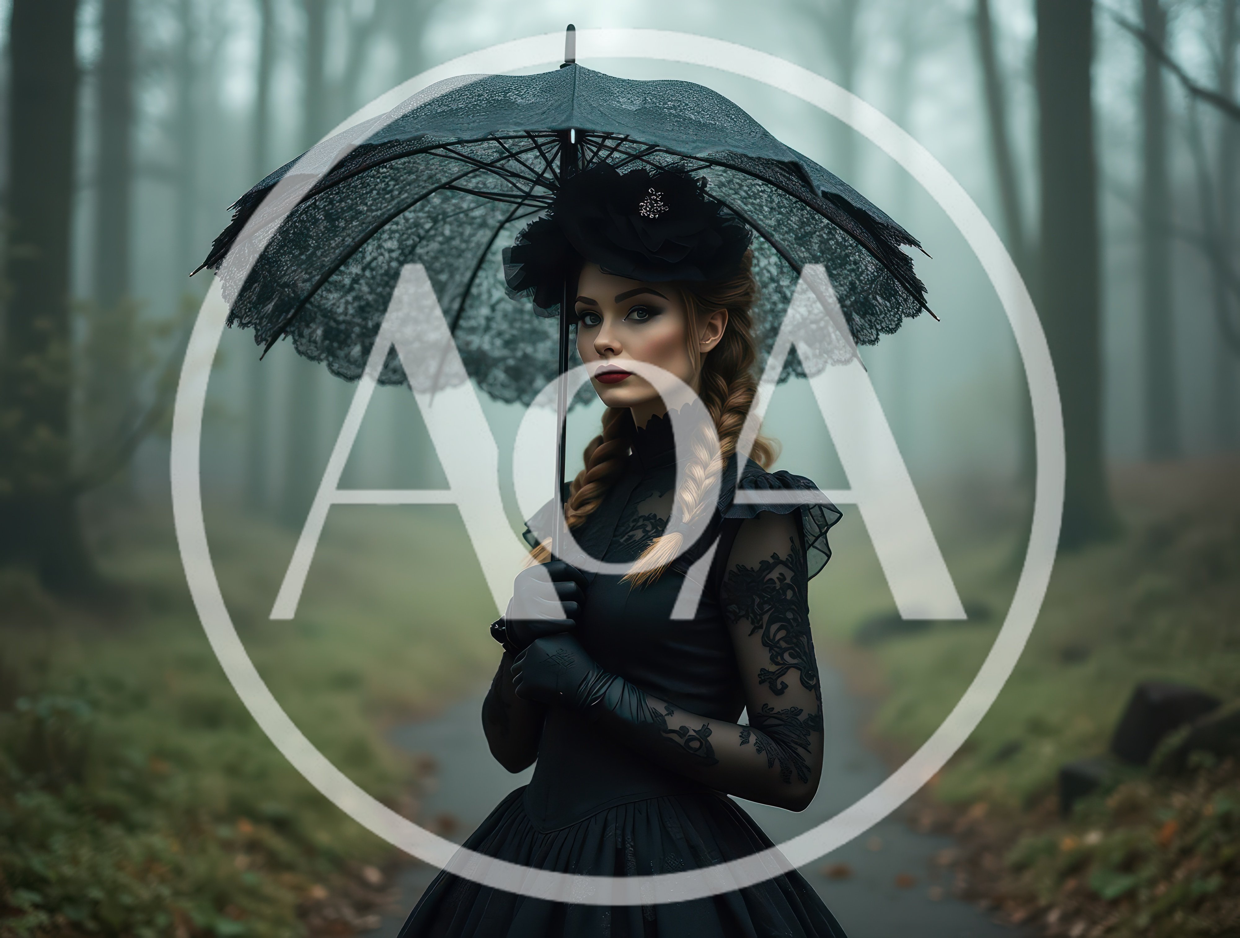 Gothic Woman Holding Lace Umbrella in Misty Forest
