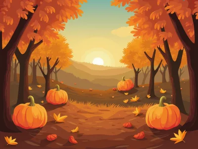 Autumn Forest Landscape With Pumpkins At Sunset