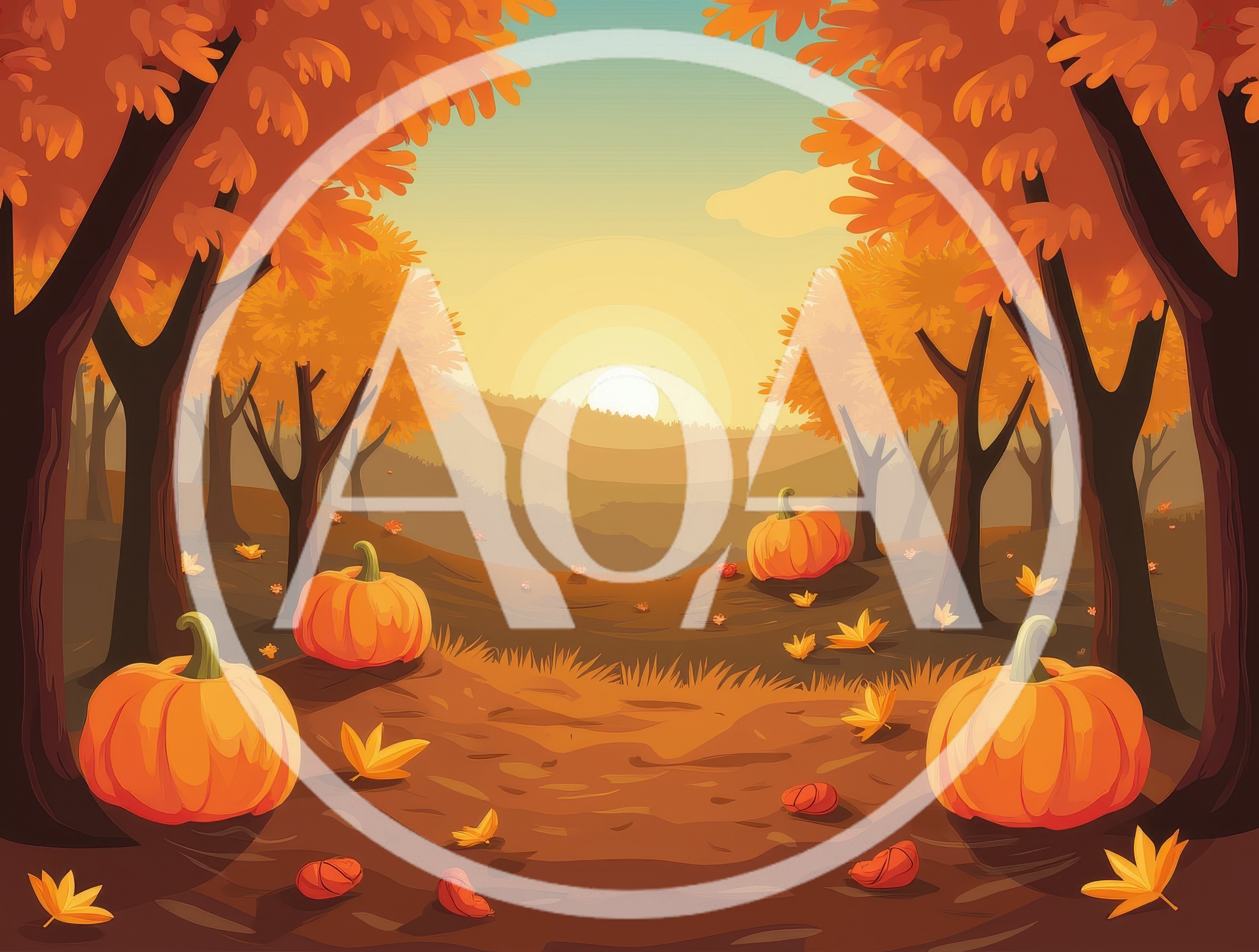 Autumn Forest Landscape With Pumpkins At Sunset