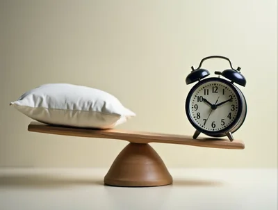 Pillow and Alarm Clock Balancing on a Wooden Seesaw