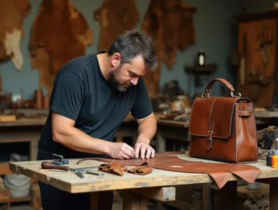 Leather Craftsman Working on a Handmade Bag