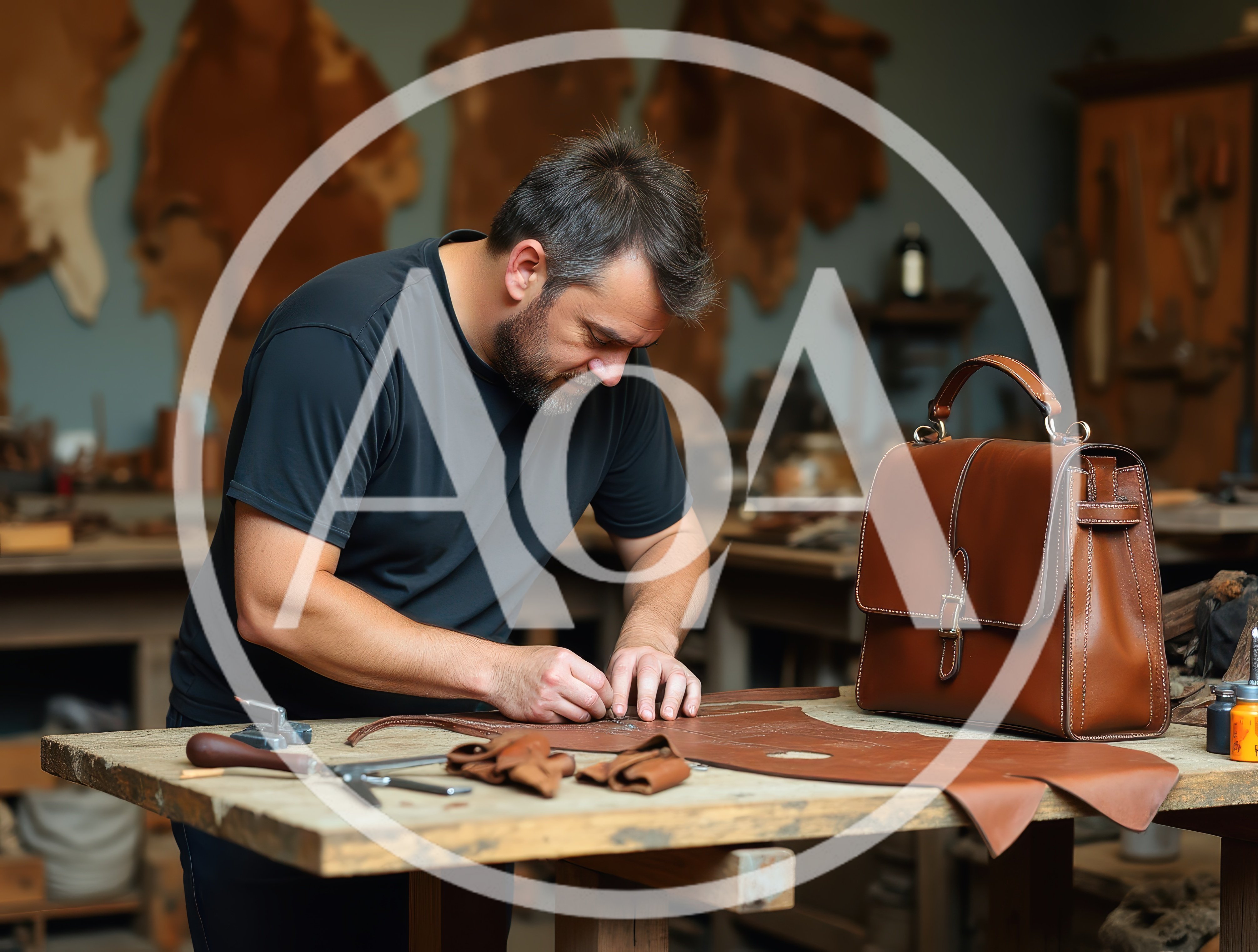 Leather Craftsman Working on a Handmade Bag