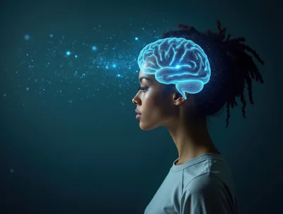 Digital Brain Visualization Over Young Woman Profile