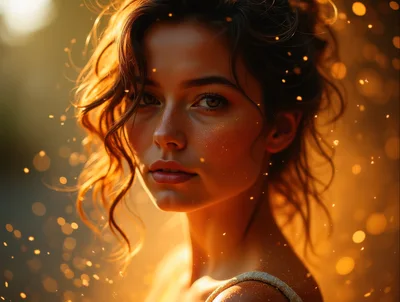 Portrait Of A Young Woman With Golden Bokeh Lighting