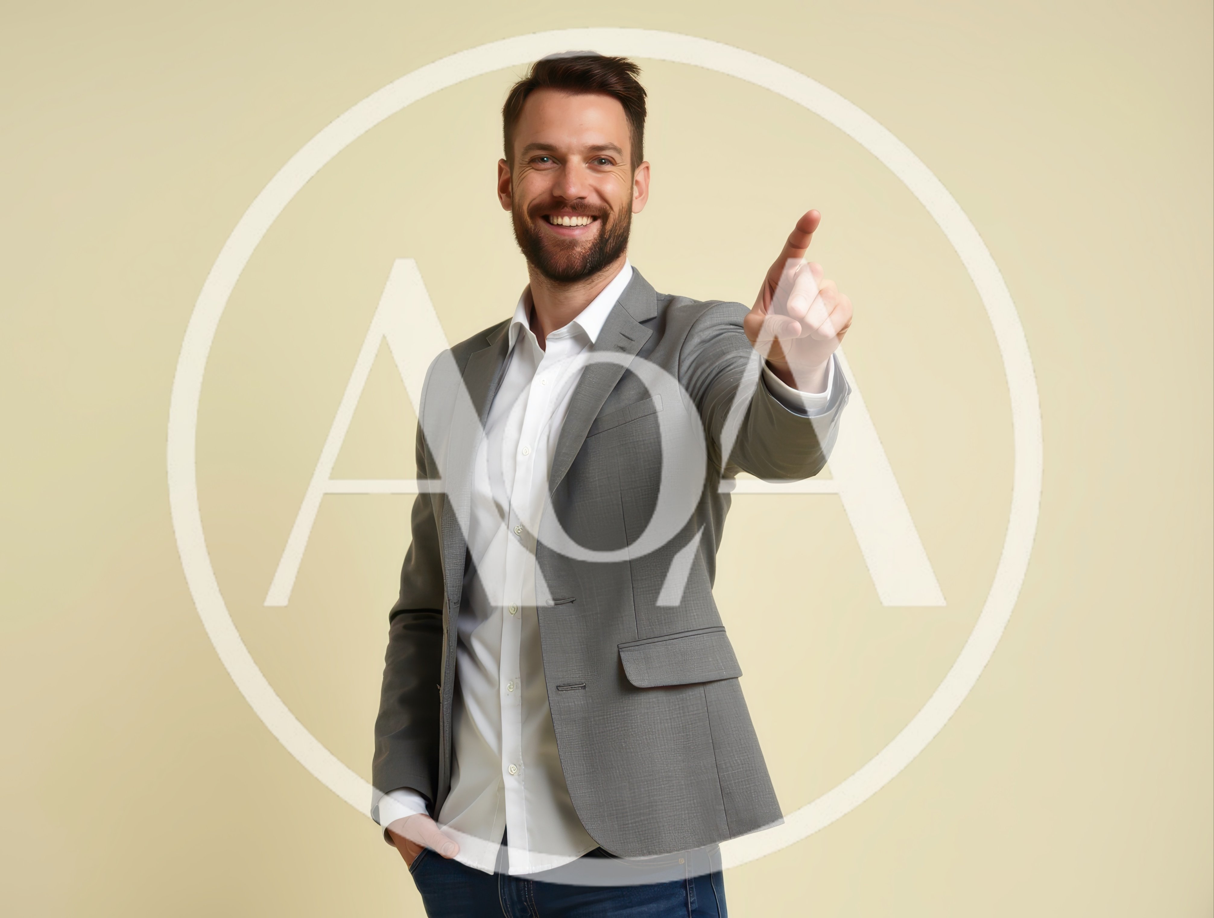 Smiling Businessman Pointing Forward Against Beige Background