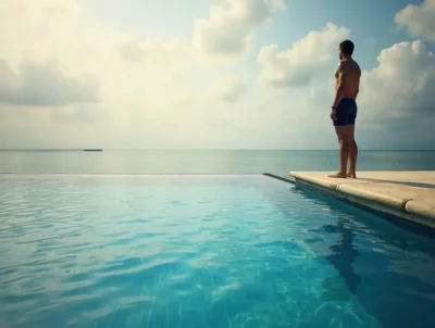 Man Standing At The Edge Of An Infinity Pool