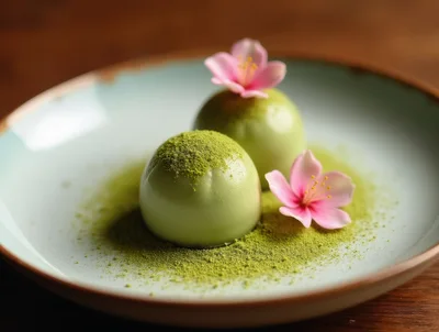 Two Matcha Mochi Desserts With Cherry Blossoms