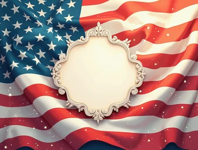 Ornate Decorative Frame Over Waving American Flag Background
